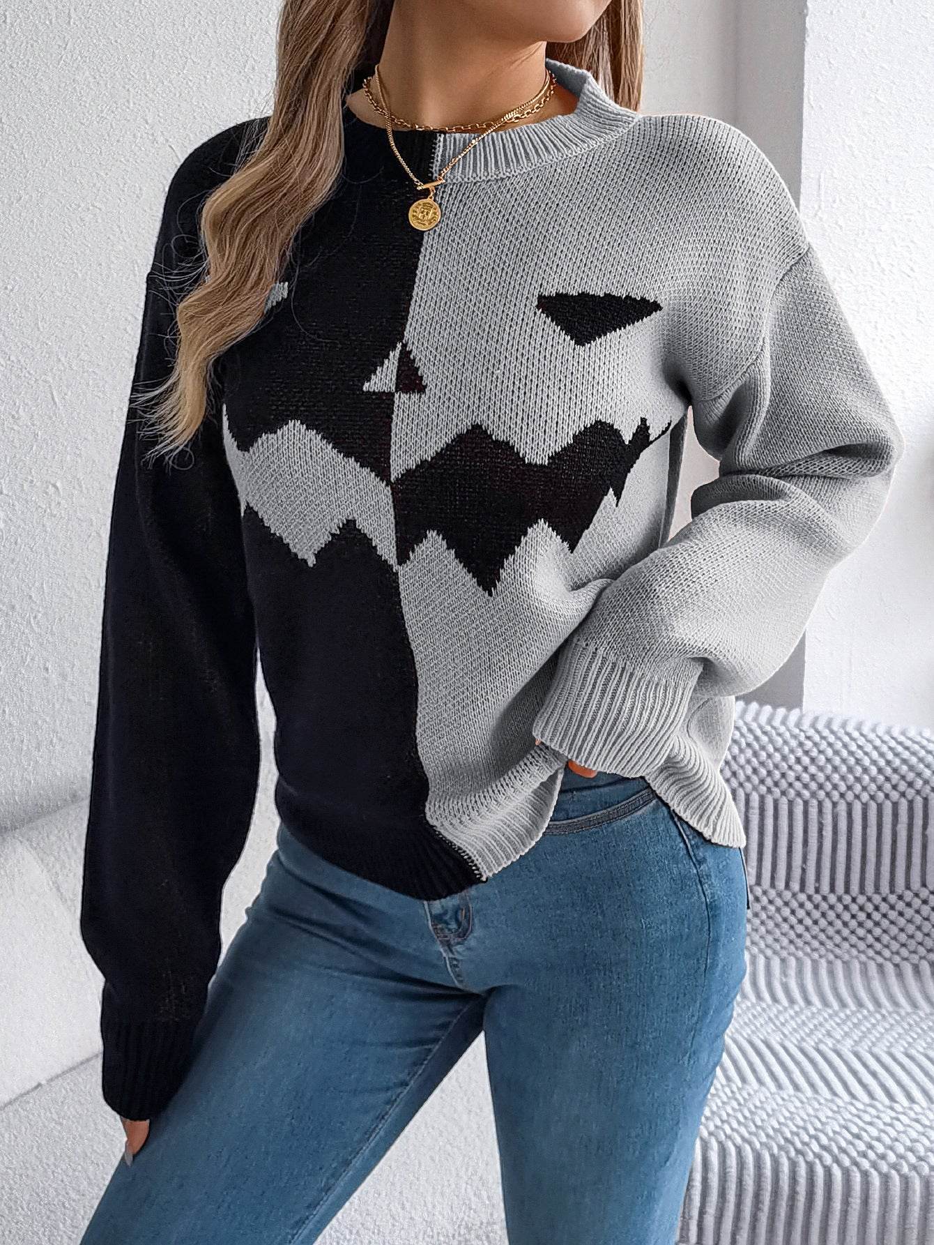 Fall And Winter Halloween Spooky Pumpkin Contrast Long Sleeve Pullover Sweater Women's Clothing - Velora