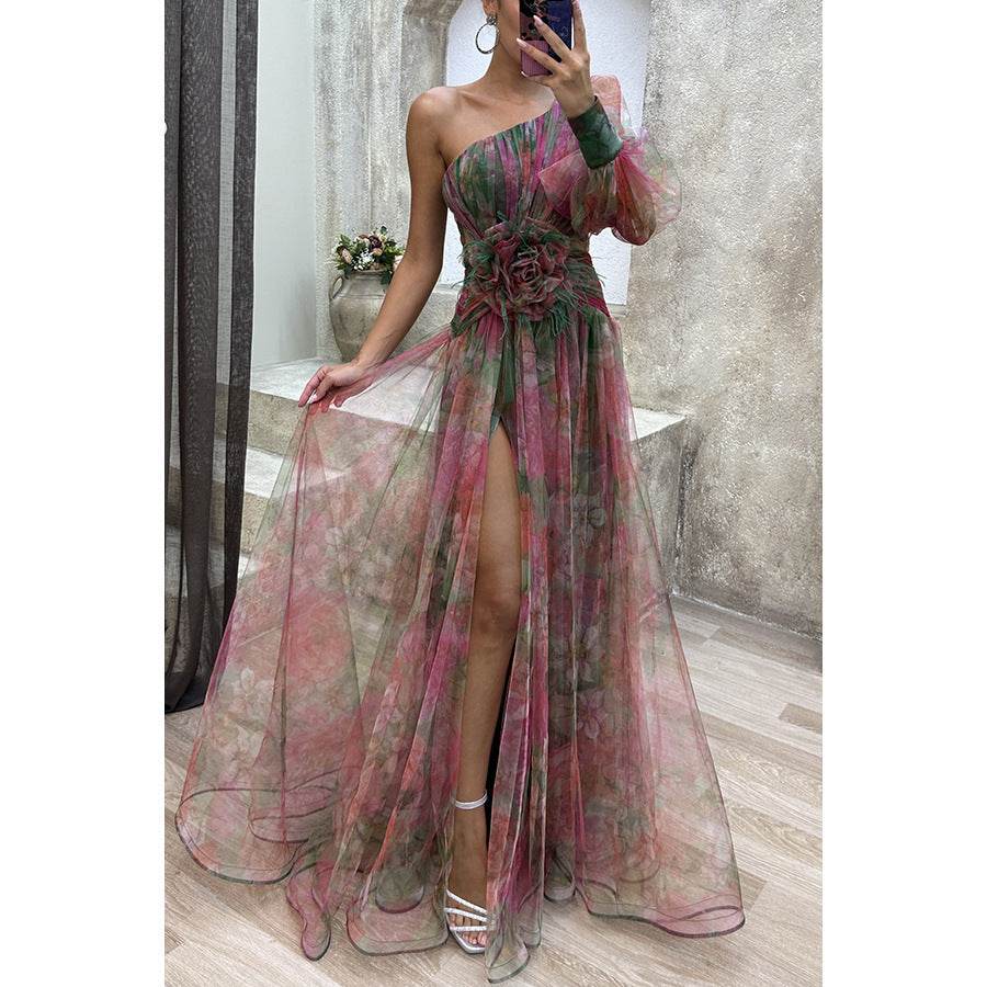 Mesh Tie-dye Printed Off-shoulder Slit Dress Summer INS Fashion Long Dress Party Womens Clothing - Velora