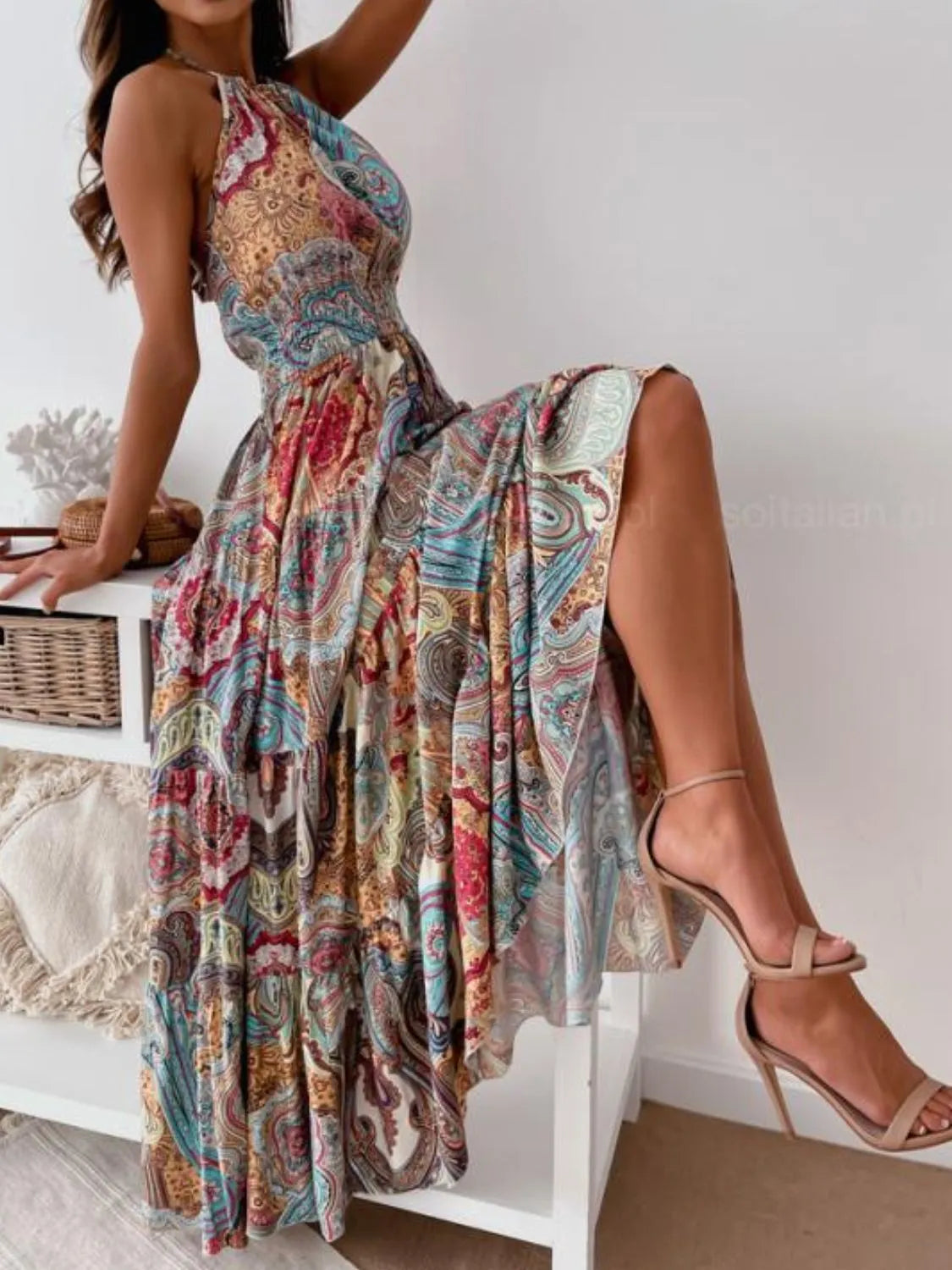 Printed Halter Neck Maxi Dress - Velora