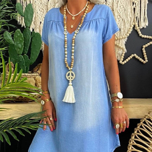 Round Neck Pleated Loose Solid Color Casual Plus Size Denim Dress - Velora