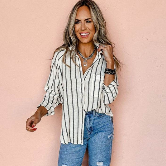 European And American Commuters' Polo Collar Stripes Shirt For Women - Velora