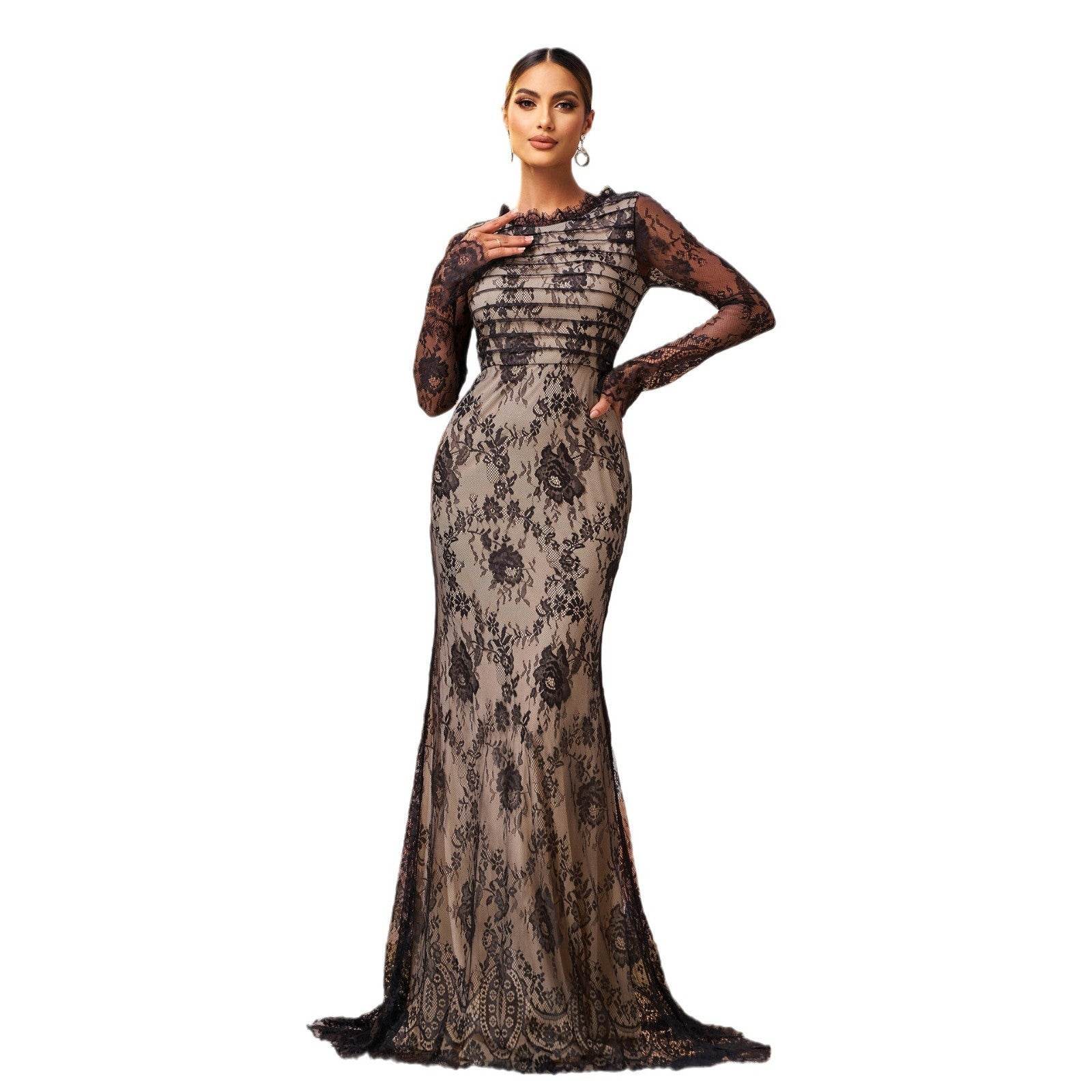 Elegant Long Sleeve Gauze Sheath Fishtail Evening Party Dress - Velora