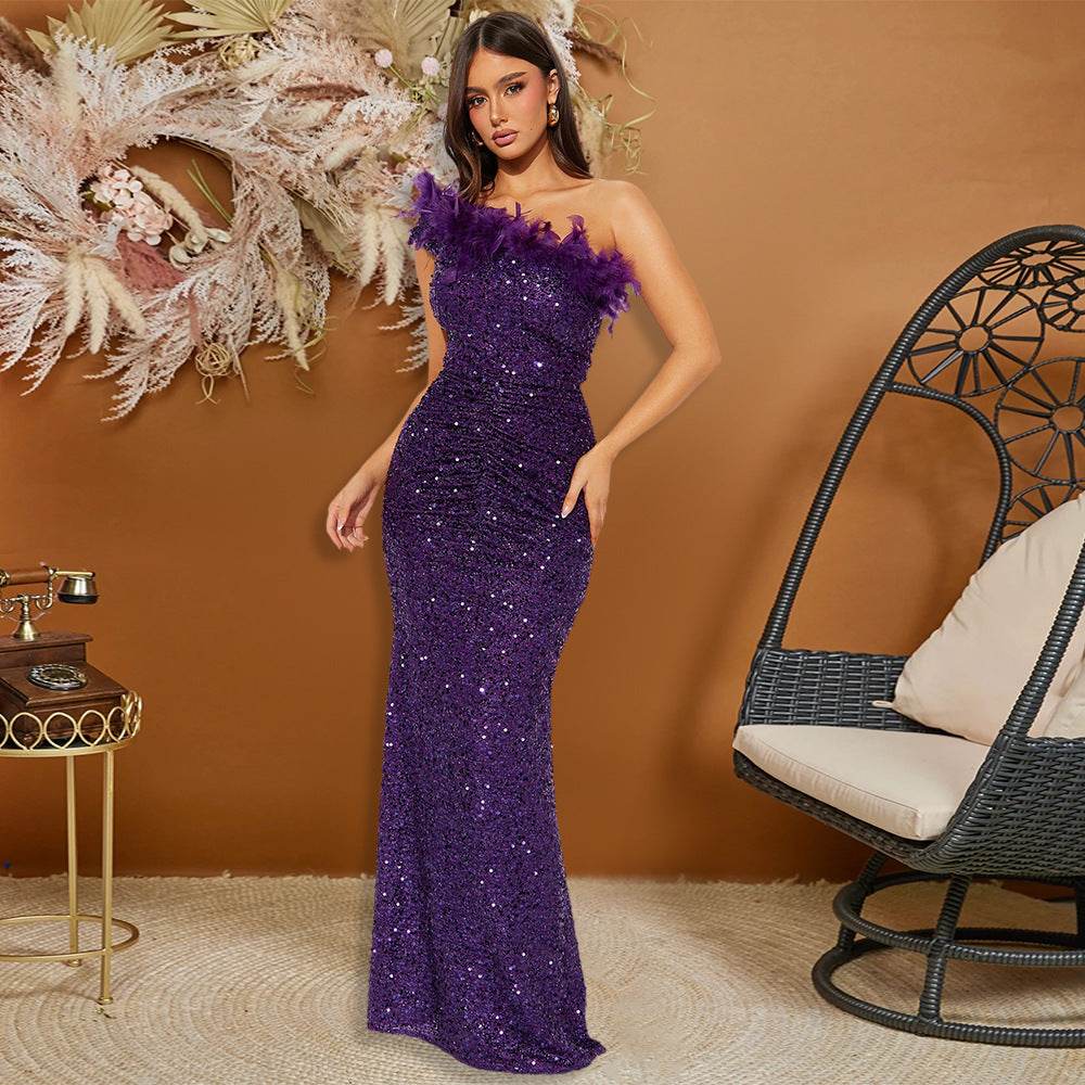 Luxury formal dress Feather Stitching Sequin Evening Dress Long dress - Velora