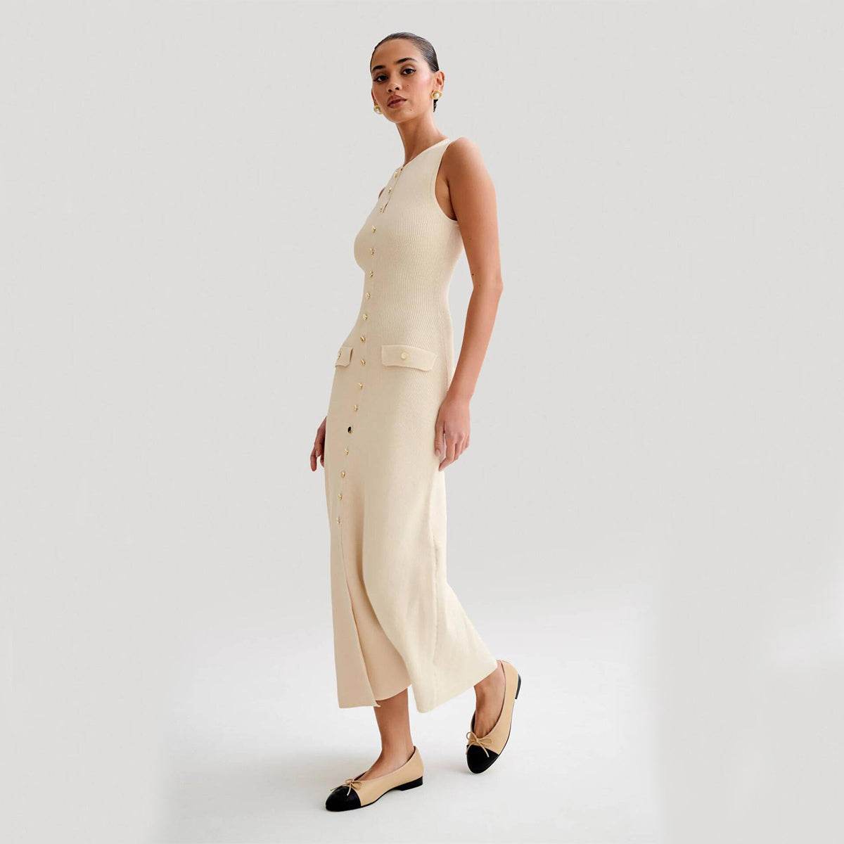 Elegant Knitted Sleeveless Dress With Single Breast Fashion Slim Round Neck Long Dresses Womens Clothing - Velora