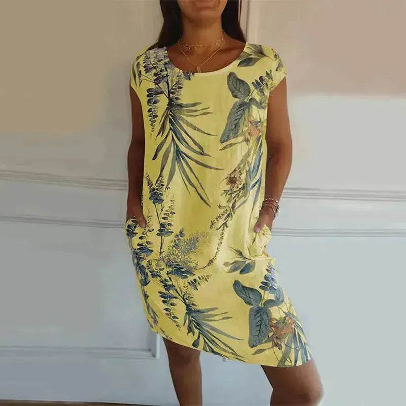 Casual Floral Printed Straight Dress Summer Loose Round Neck Short Sleeve Midi Dresses Womens Clothing - Velora