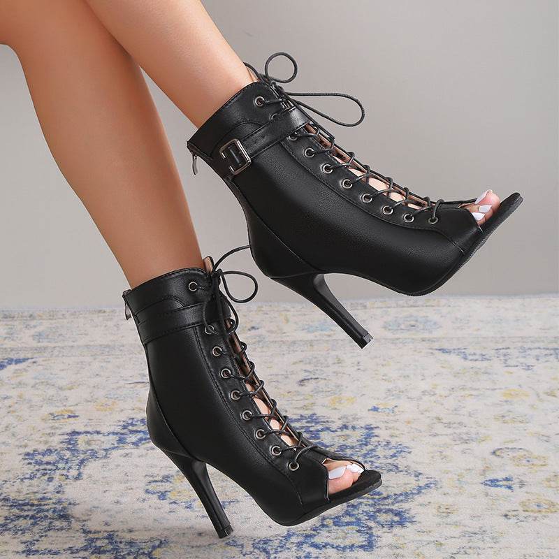 Women's Peep Toe High Heel Pumps Shoes Fashion Lace-up Buckle Sandals With Back Zipper Design - Velora