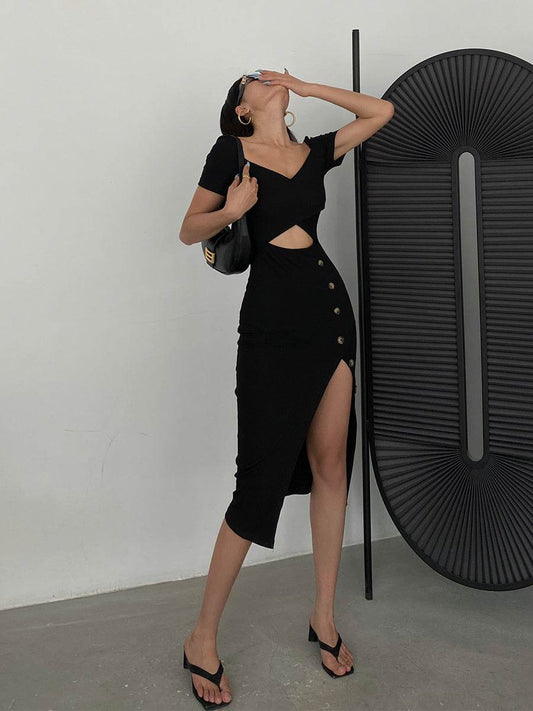 Slim And Hollow Niche Design High Slit Bag Hip Midi dress