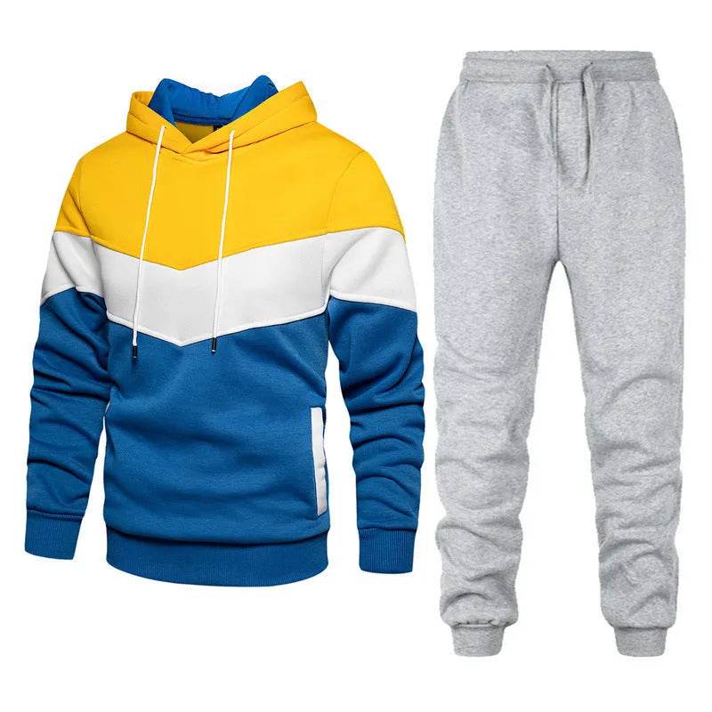 2pcs Winter Fashion Stitching Suit Outdoors Sports Suit Men's Sweatsuit Hoodie Outfit set - Velora