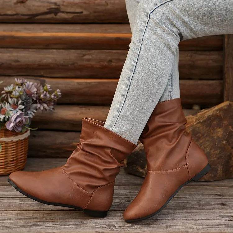 Fashion Round-toed Flat Boots Versatile Simple Slip-on Western Cowboy Boot Casual Short Shoes For Women - Velora