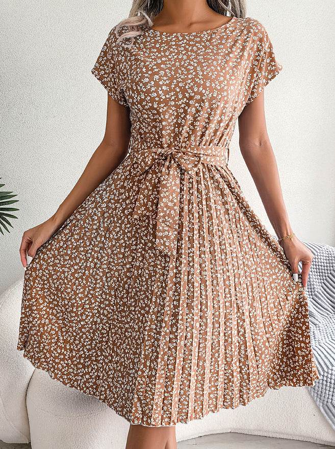 Casual Spring Summer Tie belt Pleated Floral Midi Dress - Velora