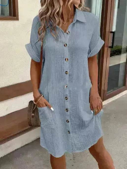 Womens Button Down Shirt Dress Summer Cotton Linen Dress V-Neck Mini Dress Casual Short Sleeve Loose Tunic Dresses - Velora