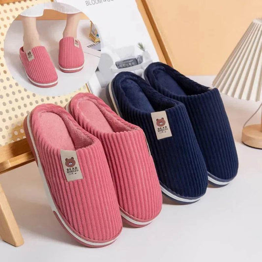 Solid Color Striped Slippers For Women Thick-soled Anti-slip Indoor Warm Plush Home Shoes Couple Women Men Slipper Winter - Velora