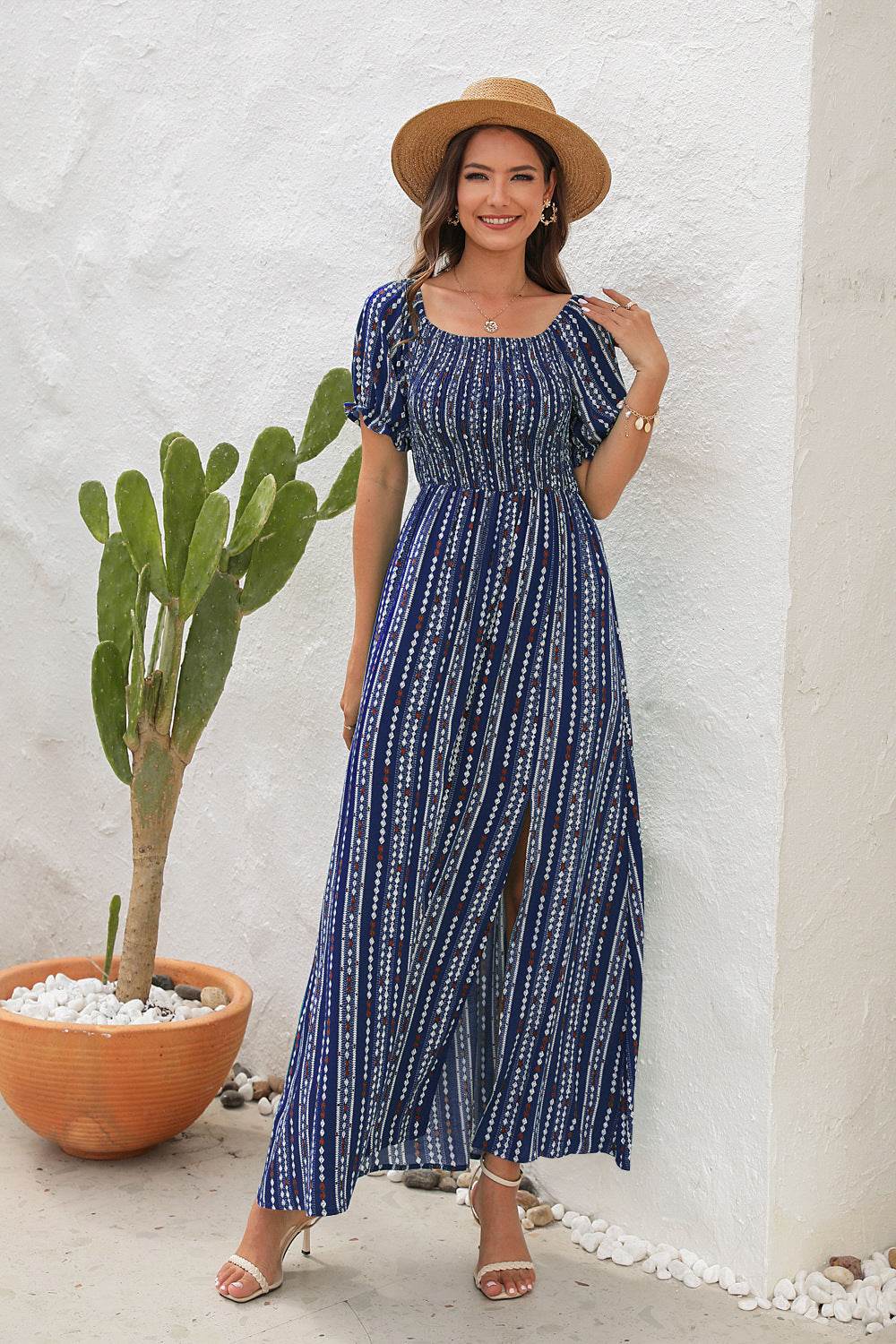 Elegant Off shoulder Spring Summer Maxi dress Slit Chiffon maxi dress for Beach vacation resort travel - Velora