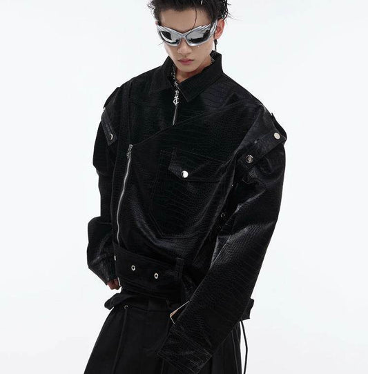 Padded Shoulder PU Leather Coat Deconstruction Design Sense - Velora