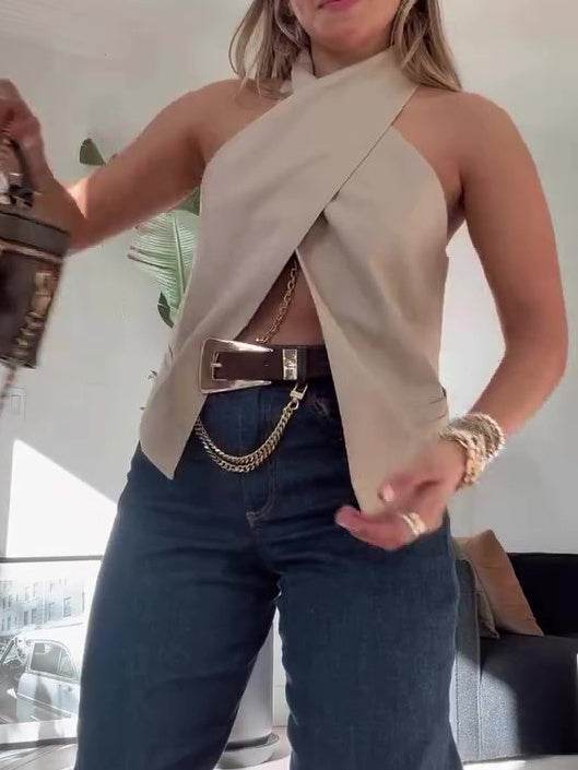 Khaki Cross Sleeveless Vest - Velora