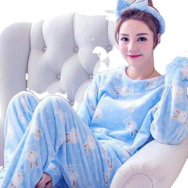 Women Coral Velvet Fleece Pajamas Fall Winter Loungewear Flannel Sleepwear - Velora