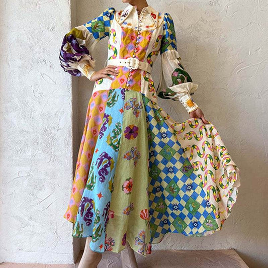 Print Holiday Women Beach Dress With Belts A-Line Long Lantern Sleeve Single Breasted Lapel Seaside Dresses Robe - Velora