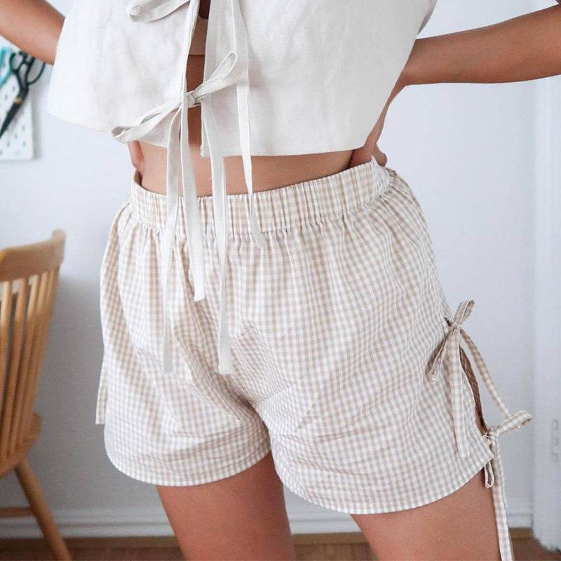 Loose Plaid Print Shorts With Lace-up Design Summer Fashion Y2K Elastic Band Pants For Women - Velora