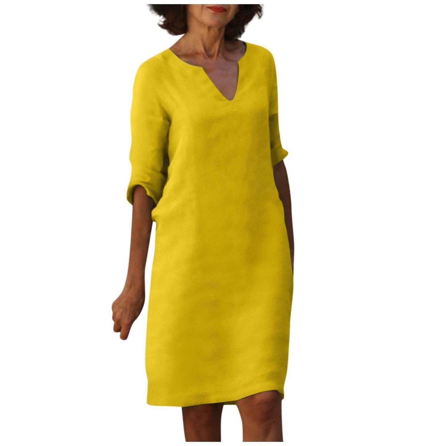 Cotton And Linen V-neck Dress Summer Stitching Retro High Waist Pure Color Dresses - Velora