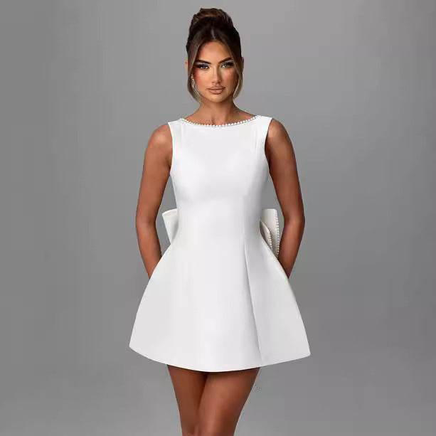 Fashion Big-Bowed Pearls Backless Dress Summer Slim Sleeveless A-line Dresses For Party Evening Women's Clothing - Velora