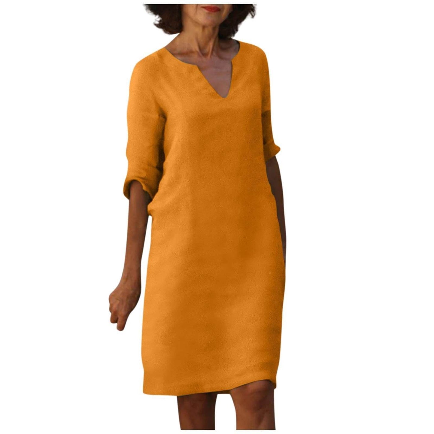 Cotton And Linen V-neck Dress Summer Stitching Retro High Waist Pure Color Dresses - Velora