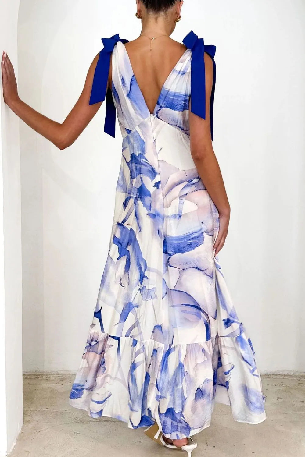 Printed V-Neck Tie Shoulder Midi Cami Dress - Velora