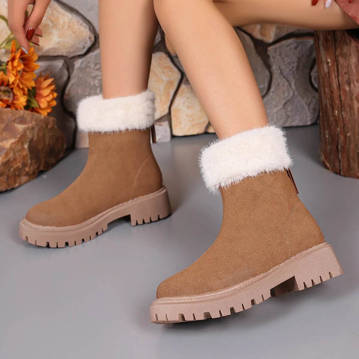 Square-heeled Snow Boots Winter Plus Velvet Platform Plush Shoes Fashion Warm Non-slip Mid-calf Boot For Women - Velora