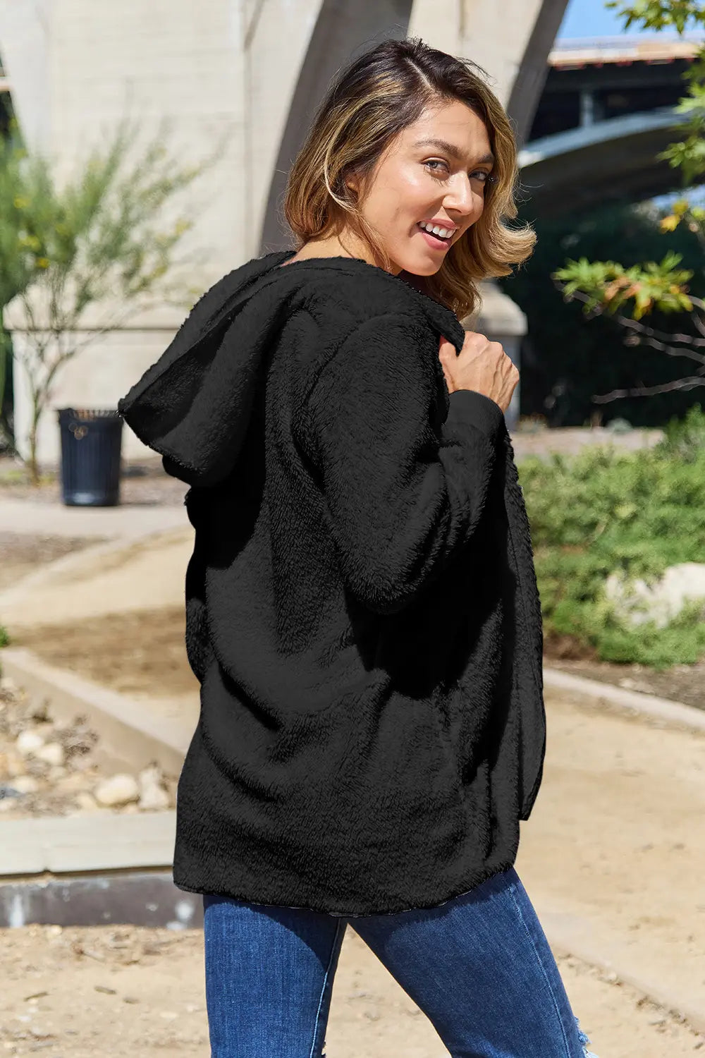 Full Size Teddy Hooded Jacket with Pockets - Velora