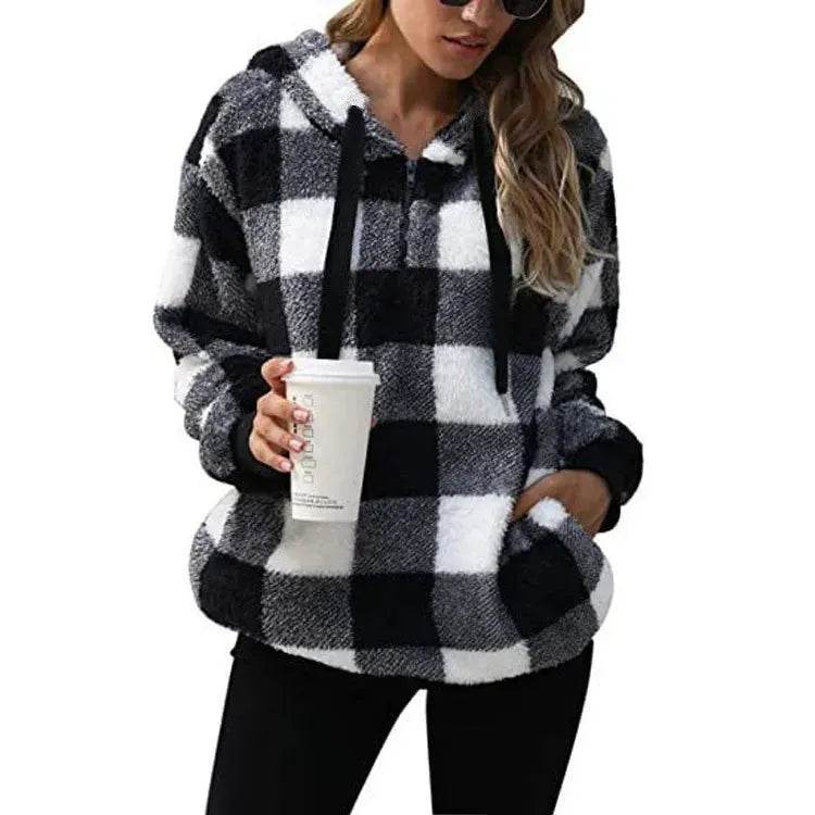 Casual Thick Fleece Plush half zip Plaid Hoodie Pullover top for women - Velora