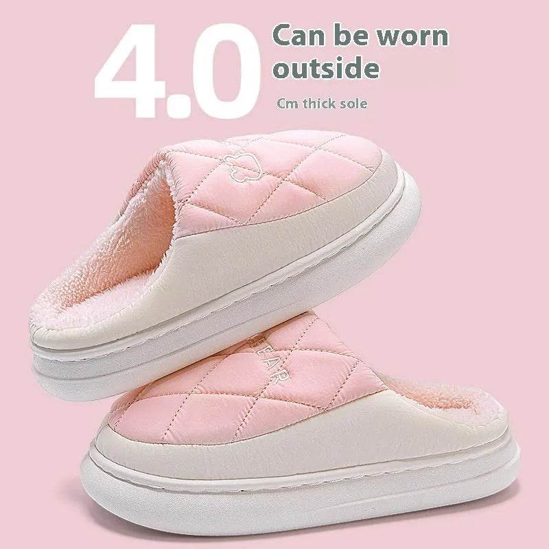 Rhombic Sewing Plush Slippers For Men Winter Warm Non-slip House Shoes Women's Bedroom Floor Home Slipper Couple - Velora