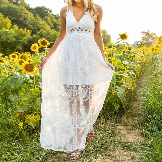 Women's Clothing V-neck Strap Lace Dress Temperament - Velora