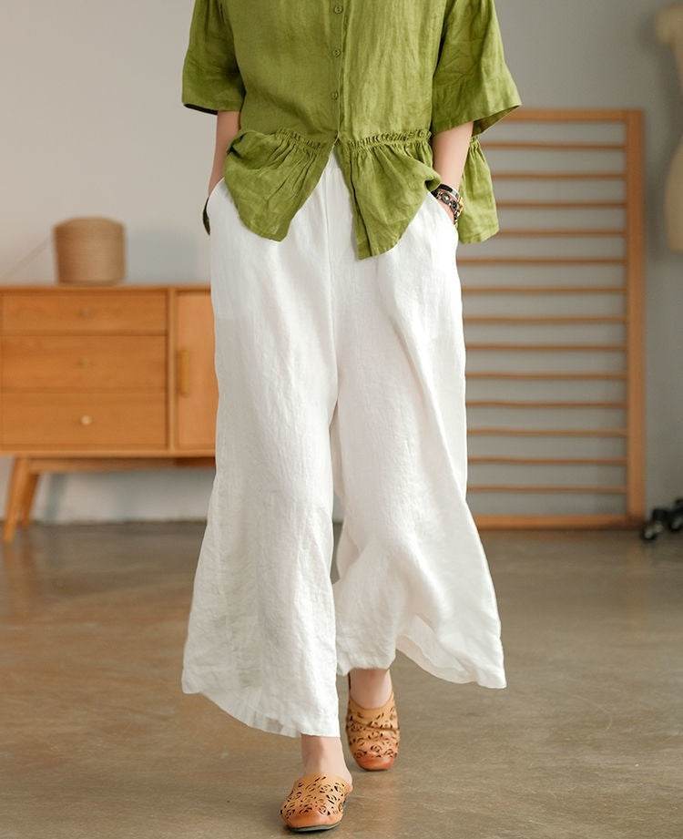 Cotton And Linen Cropped Wide-leg Casual Straight Breathable Slim Fit Casual Pants - Velora
