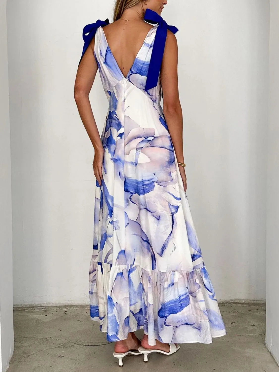 Printed V-Neck Tie Shoulder Midi Cami Dress - Velora