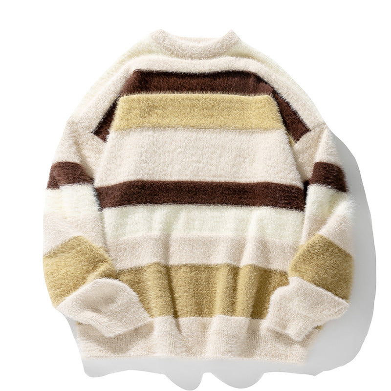 Artificial Mink Fur Contrast Color Striped Round Neck Sweater Japanese-style Retro