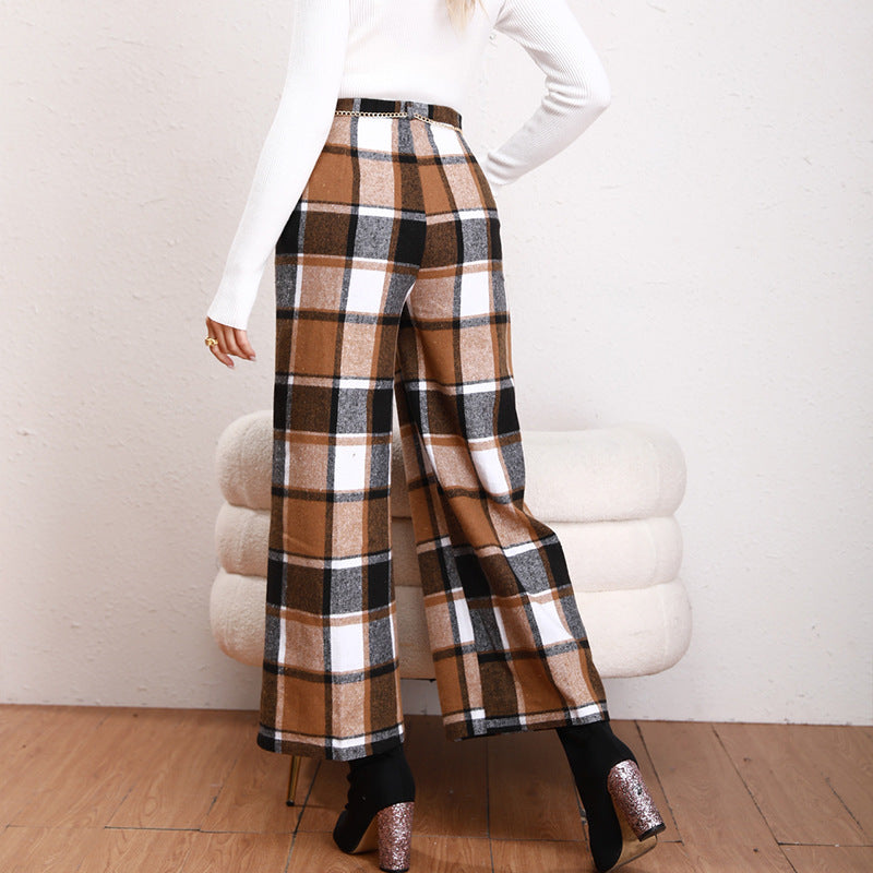 High Waist Casual Trousers Khaki Plaid Straight-leg Pants