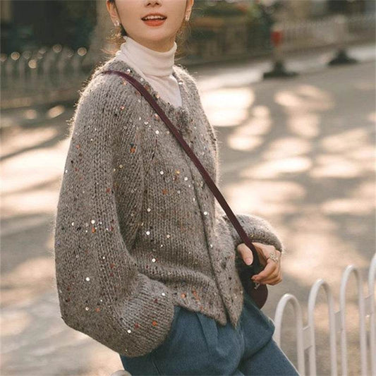 Retro Gray Sequins Sweater Cardigan Coat - Velora