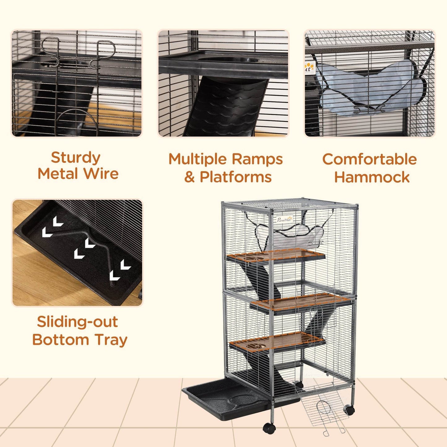 Large Metal 4 Tiers Small Animal Cage With Hammock, Removable Tray, Extra Space For Ferrets Chinchillas, Gray - Velora