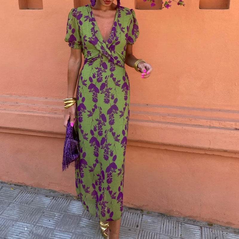 Summer V-neck Short-sleeved Dress Fashion Flowers Printed Slim Beach Dresses For Women Clothing - Velora
