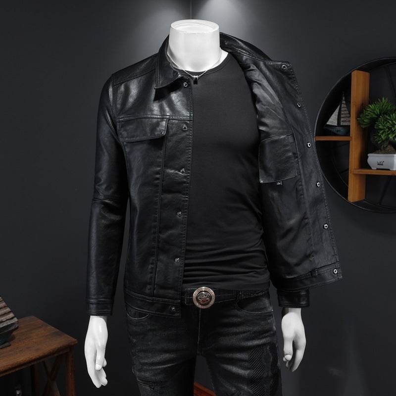 Men's Long-sleeved Lapel Motorcycle Pu Handsome Leather Coat - Velora
