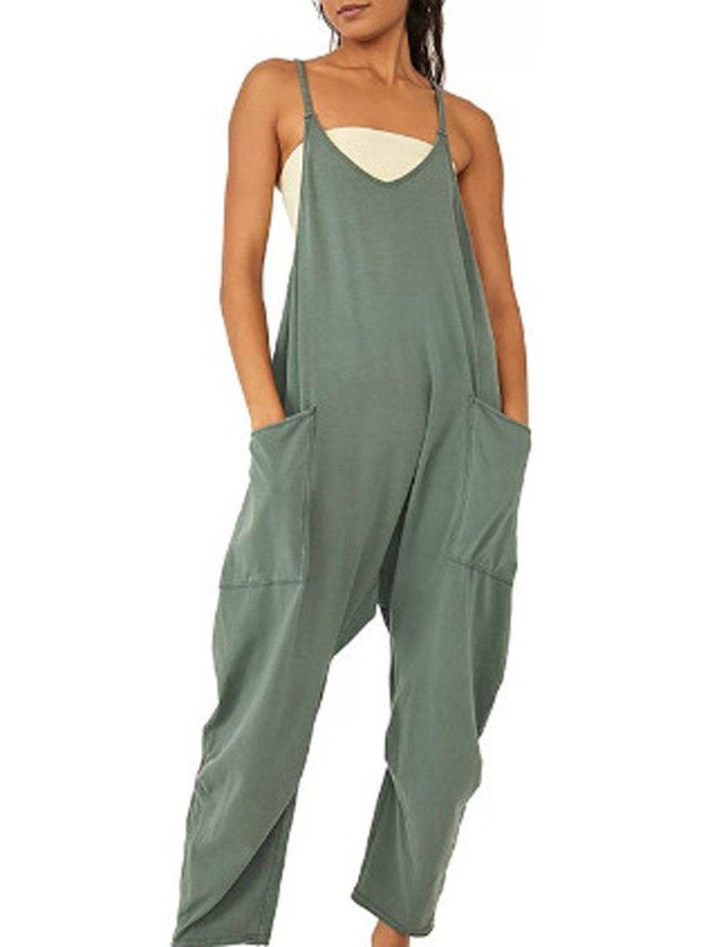 Summer Women's Loose Sleeveless Jumpsuits Spaghetti Strap Long Pant Romper Jumpsuit With Pockets Zipper - Velora