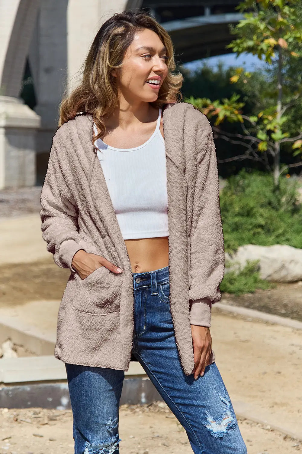 Full Size Teddy Hooded Jacket with Pockets - Velora
