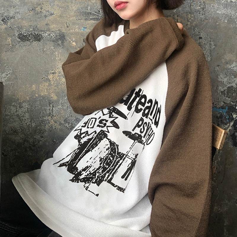 American Retro Casual Contrast Color Printed Sweater - Velora