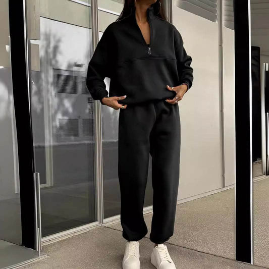 Long-sleeved Sports Sweatshirt Suit Fashion Stand-up Collar Zip-up Top And Elastic Band Trousers With Pocket Srping Fall Clothing For Women - Velora
