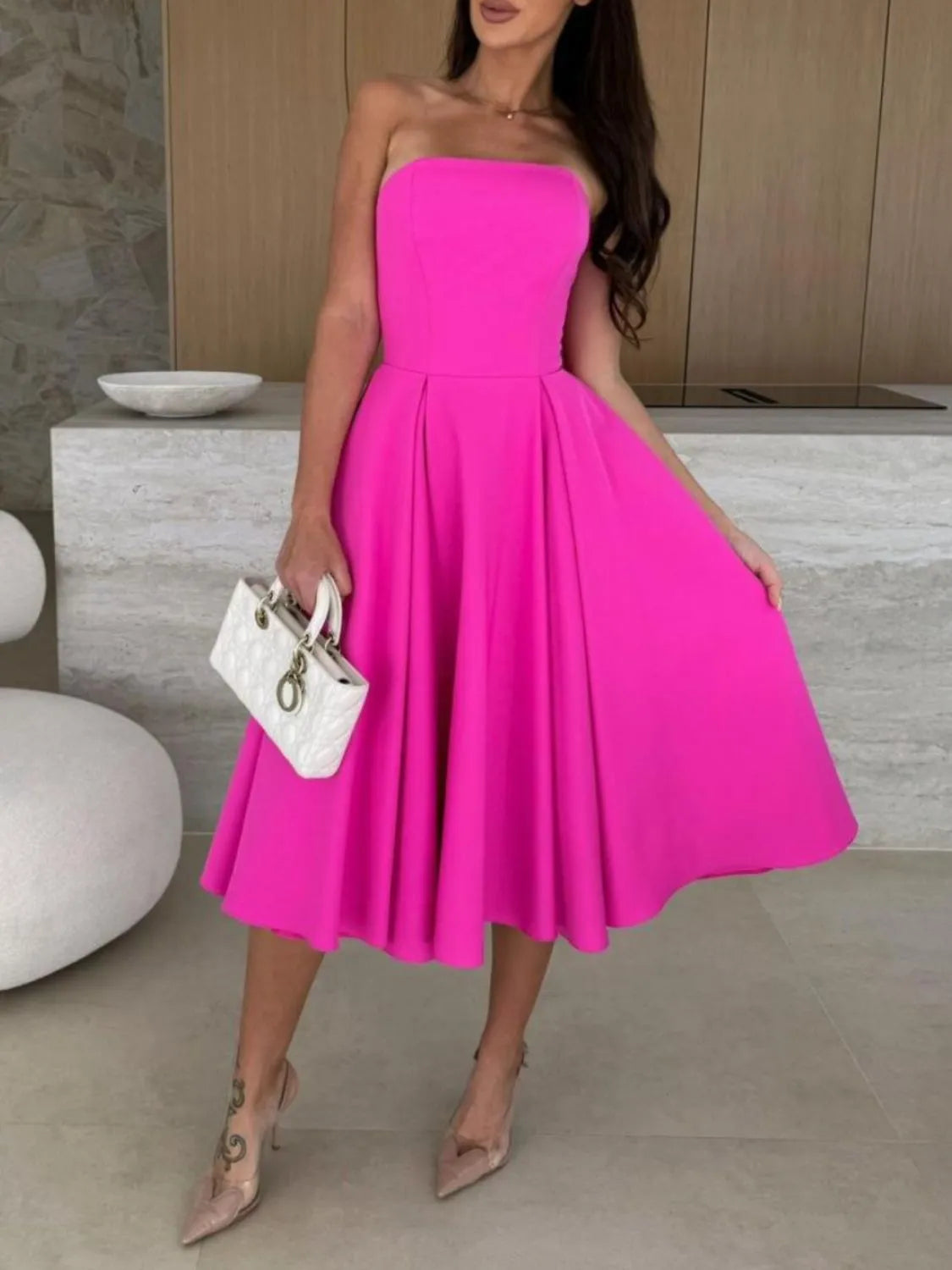 Solid Color Tube Midi Dress - Velora