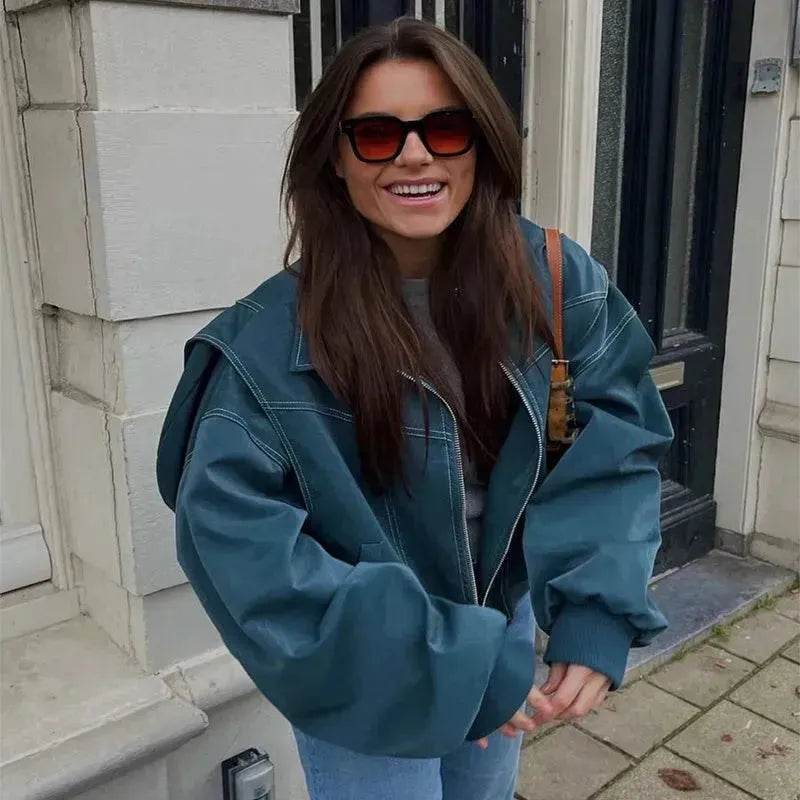 Oversized Fashion Zip-up Lapel Leather Jacket for women - Velora