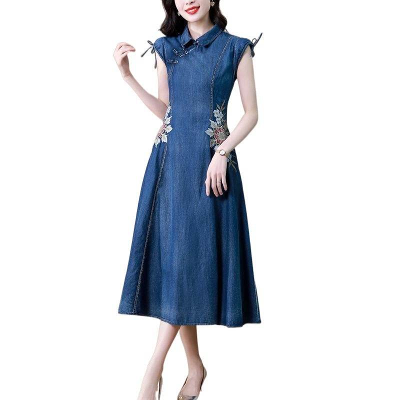 New Modified Version Denim Jeans Flared Midi Dress Female Machine Embroidery Retro - Velora