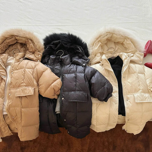 Solid Color Fur Collar Down Jacket Baby Long Section - Velora