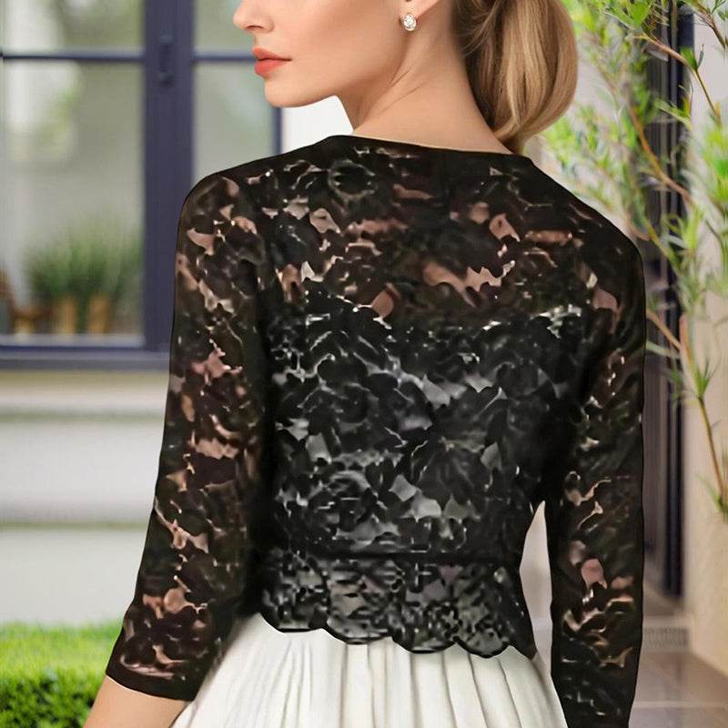 Women's Solid Color Cropped Lace Cardigan - Summer Fashion Medium-Long Sleeve Open Front Top - Velora