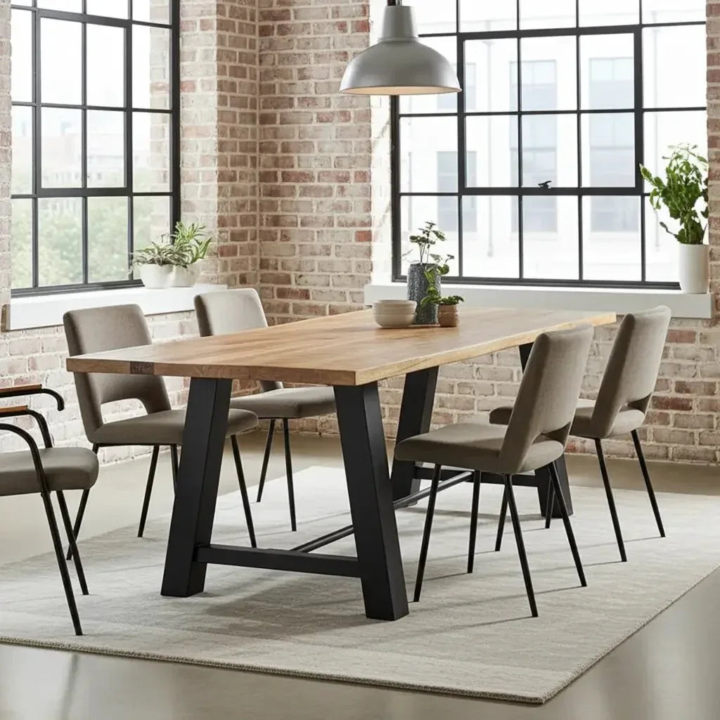 Table à diner industrielle style Établie patte en acier noir mat avec plateau en Bois de Manguier