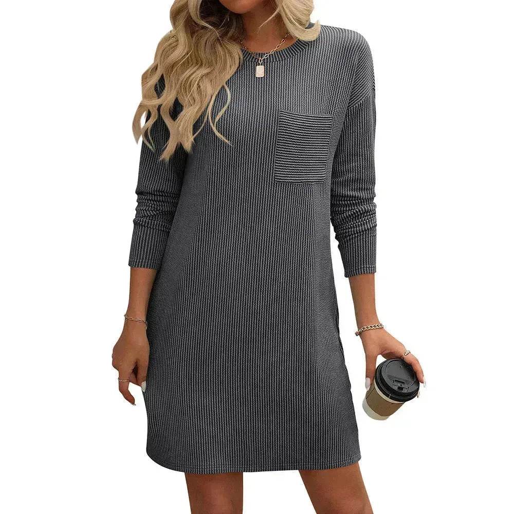 Casual New Solid Color Striped With Pockets Long Sleeve Loose Mini Dress Fashion Round Neck Straight Dress Women's Clothing - Velora